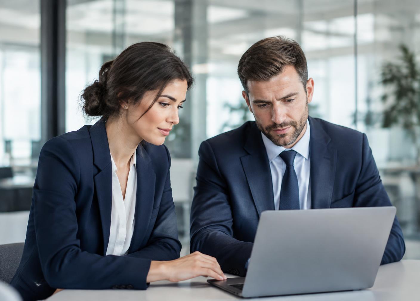 Two professionals reviewing a project on a laptop