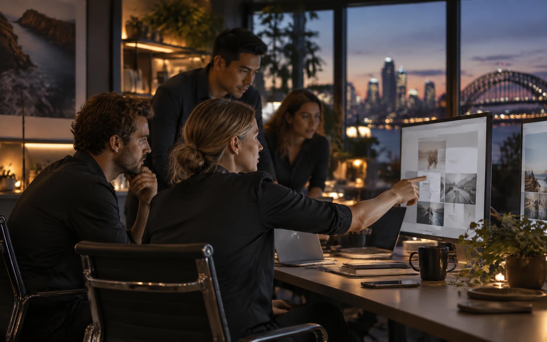 Digital team reviewing website designs in a modern studio